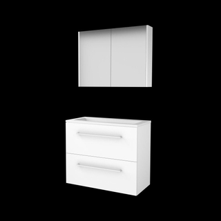 Basic-Line Comfort 39 ensemble de meubles de salle de bain 80x39cm avec poignées 2 tiroirs lavabo acrylique 0 trous de robinetterie armoire de toilette mdf laqué blanc glacier