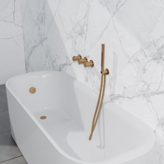 Fortifura Nebbio Ensemble combiné bain - mitigeur thermostatique - coude mural avec support de douchette - flexible de douche métallique - barre de douchette - Remplissage-vidage de baignoire - laiton brossé PVD (or)