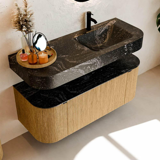 MONDIAZ THOR-DLUX 120cm meuble de salle de bains arrondi gauche + droite couleur Oak avec 1 tiroir et 2 portes. Vasque suspendue CLOUD droite 1 trou de robinet couleur Lava.