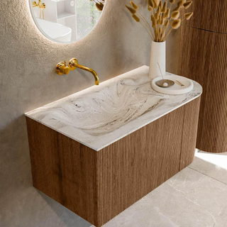 MONDIAZ KURVE-DLUX 85cm Meuble salle de bain avec module 25 D - couleur Walnut - 1 tiroir - 1 porte - vasque CLOUD gauche - sans trou de robinet - couleur Glace