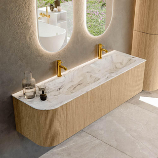 MONDIAZ KURVE-DLUX 155cm Meuble salle de bain avec module 25 G - couleur Oak - 2 tiroirs - 1 porte - vasque LEAF double / droite - 2 trous de robinet - couleur Glace