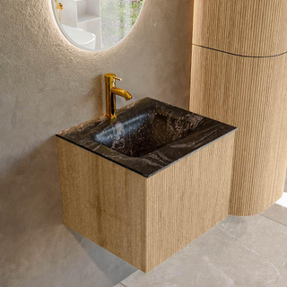 MONDIAZ KURVE-DLUX 50cm badmeubel kleur Oak met 1 lade. Wastafel GRUNNE midden 1 kraangat kleur Lava.