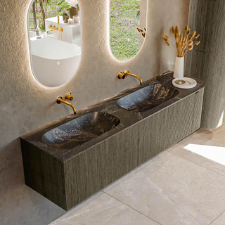 Ensemble de meuble de salle de bain Mondiaz KURVE-DLUX - 175x46x40cm - 2 tiroirs - 1 porte - lavabo en solid surface - double / gauche - sans trou de robinet - Shadow