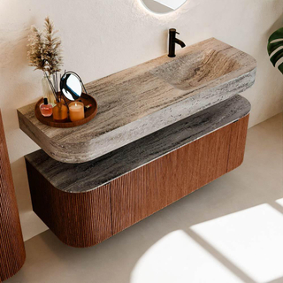 MONDIAZ THOR-DLUX 140cm meuble de salle de bains arrondi gauche + droite couleur Ruby avec 1 tiroir et 2 portes. Vasque suspendue CLOUD Droite 1 trou de robinet couleur Oza.