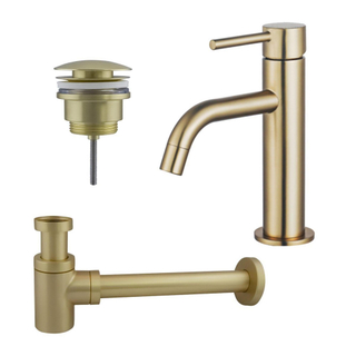FugaFlow Eccelente Sobrado Slim Slim Kit mitigeur lavabo - robinet bas - bonde clic clac - siphon design bas - PVD Laiton brossé