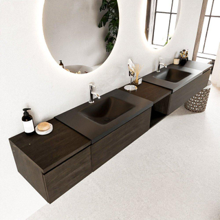 MONDIAZ BUKLA 280cm badmeubel met open module 40 midden kleur Dark Brown met 4 lades. Wastafel CLOUD dubbel 2 kraangaten kleur Urban.