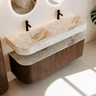 MONDIAZ THOR-DLUX 140cm meuble de salle de bains arrondi gauche + droite couleur Walnut avec 1 tiroir et 2 portes. Vasque suspendue CLOUD Double 2 trous de robinet couleur Frappe.