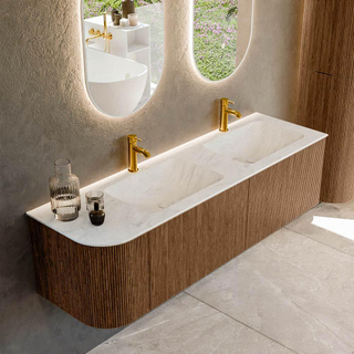 MONDIAZ KURVE-DLUX 155cm Meuble salle de bain avec module 25 G - couleur Walnut - 2 tiroirs - 1 porte - vasque LEAF double / droite - 2 trous de robinet - couleur Opalo