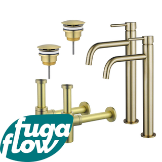 FugaFlow Eccelente Sobrado Badkamer Slim Wastafelkraanset - voor dubbele wastafel - verhoogde wastafelkraan - always open plug - design sifon - PVD Geborsteld Messing