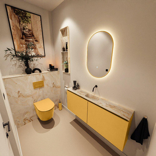 MONDIAZ TURE-DLUX Meuble toilette - 120cm - Ocher - EDEN - vasque Frappe - position centrale - sans trou de robinet