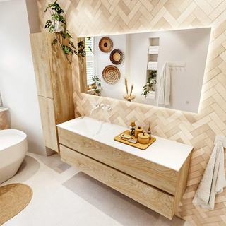 MONDIAZ VICA meuble sous lavabo 150cm Chêne blanchi 2 tiroirs. Lavabo CLOUD gauche sans trou de robinet, couleur Talc.
