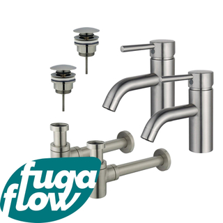 FortiFura Calvi Kit robinet lavabo - pour double vasque - robinet bas - bonde clic clac - siphon design bas - Inox brossé PVD