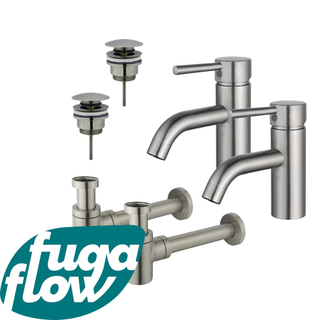 FugaFlow Eccelente Sobrado Kit robinet lavabo - pour double vasque - robinet bas - bonde clic clac - siphon design bas - Inox brossé PVD