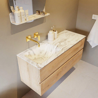 Mondiaz VICA-DLUX Ensemble de meuble de salle de bain - 120cm - meuble sous-vasque chêne blanchi - 2 tiroirs - lavabo encastré cloud gauche - sans trous de robinet - version haute de 60cm - glace