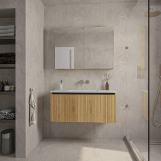 Adema Holz Ensemble de meuble - 100cm - 1 vasque en céramique Blanc - sans trous de robinet - 1 tiroir - avec armoire de toilette - Caramel (bois)