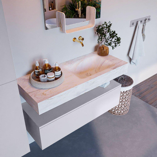 Mondiaz ALAN-DLUX Ensemble de meuble - 110cm - meuble Cale mat - 1 tiroir - Lavabo Cloud Ostra suspendu - vasque Droite - 0 trous de robinet