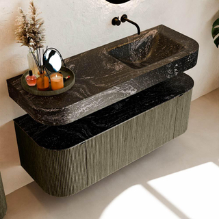 MONDIAZ THOR-DLUX 130cm meuble de salle de bains arrondi gauche + droite couleur Shadow avec 1 tiroir et 2 portes. Vasque suspendue CLOUD Droite sans trou de robinet couleur Lava.