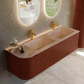 MONDIAZ KURVE-DLUX 145cm badmeubel ronding Links kleur Ruby met 1 lade en 1 deur. Wastafel LEAF Dubbel / Rechts 2 kraangaten Saba.