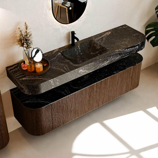 MONDIAZ THOR-DLUX 170cm meuble de salle de bains arrondi gauche + droite couleur Walnut avec 1 tiroir et 2 portes. Vasque suspendue CLOUD Milieu 1 trou de robinet couleur Lava.