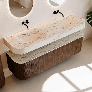 MONDIAZ THOR-DLUX 160cm meuble de salle de bains arrondi gauche + droite couleur Walnut avec 1 tiroir et 2 portes. Vasque suspendue CLOUD Double sans trou de robinet couleur Nata.