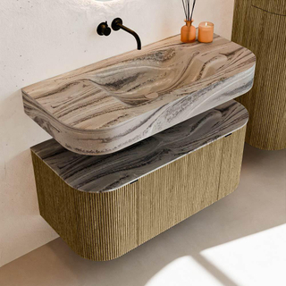 MONDIAZ THOR-DLUX 100cm meuble de salle de bains arrondi gauche + droite couleur Dusk avec 1 tiroir et 2 portes. Vasque suspendue CLOUD Centre sans trou de robinet couleur Sombra.