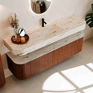 MONDIAZ THOR-DLUX Meuble de salle de bains - 170cm - arrondi gauche + droite - couleur Ruby - 1 tiroir - 2 portes - Vasque suspendue CLOUD Milieu 1 trou de robinet - couleur Nata