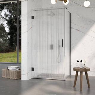 FugaFlow Eccelente Vetro Douchecabine - 90x100x200cm - scharnieren - deurgreep - stabilisatiestang - helder geribbeld - veiligheidsglas - mat zwart