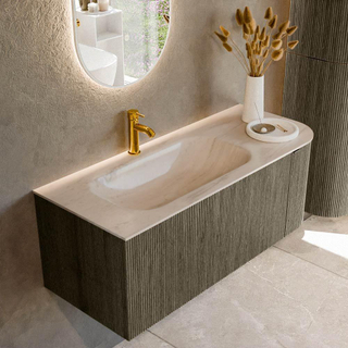 MONDIAZ KURVE-DLUX 115cm badmeubel ronding Rechts kleur Shadow met 1 lade en 1 deur. Wastafel BIG SMALL Links 1 kraangat Meli.