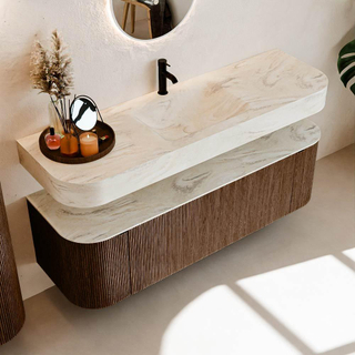 MONDIAZ THOR-DLUX 150cm badmeubel ronding links + rechts kleur Walnut met 1 lade en 2 deuren. Vrijhangende wastafel CLOUD Midden 1 kraangat kleur Ostra.