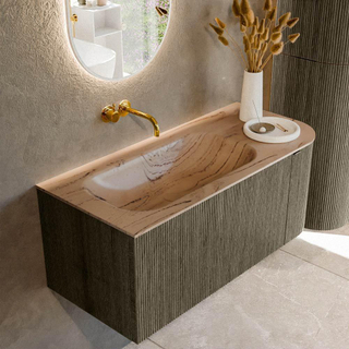 MONDIAZ KURVE-DLUX 105cm badmeubel ronding Rechts kleur Shadow met 1 lade en 1 deur. Wastafel BIG SMALL Links zonder kraangat Arena.