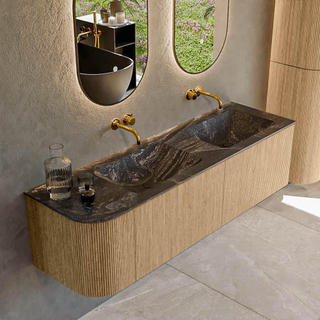 MONDIAZ KURVE-DLUX 155cm Meuble salle de bain avec module 25 G - couleur Oak - 2 tiroirs - 1 porte - vasque LEAF double / droite - sans trou de robinet - couleur Lava