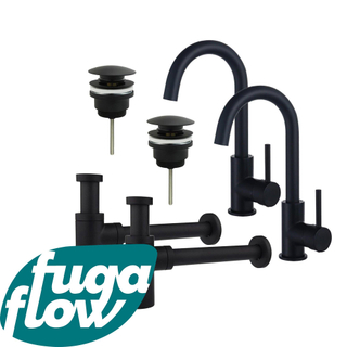 FugaFlow Eccelente Sobrado Badkamer Wastafelkraanset - voor dubbele wastafel - hoge wastafelkraan - draaibare uitloop - klikwaste plug - design sifon - Mat zwart