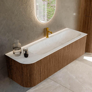 MONDIAZ KURVE-DLUX 145cm Meuble salle de bain avec module 25 G - couleur Walnut - 1 tiroir - 1 porte - vasque BIG LARGE droite - 1 trou de robinet - couleur Opalo