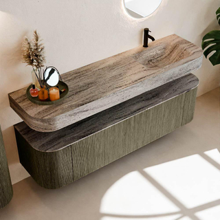 MONDIAZ THOR-DLUX Meuble de salle de bains 170cm arrondi gauche + droite couleur Shadow avec 1 tiroir et 2 portes. Vasque suspendue CLOUD Droite 1 trou de robinet couleur Oza.