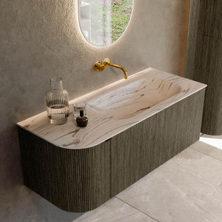 MONDIAZ KURVE-DLUX 115cm badmeubel ronding Links kleur Shadow met 1 lade en 1 deur. Wastafel BIG SMALL Rechts zonder kraangat Nata.