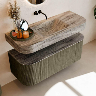 MONDIAZ THOR-DLUX 120cm meuble de salle de bains arrondi gauche + droite couleur Shadow avec 1 tiroir et 2 portes. Vasque suspendue CLOUD Milieu sans trou de robinet couleur Oza.