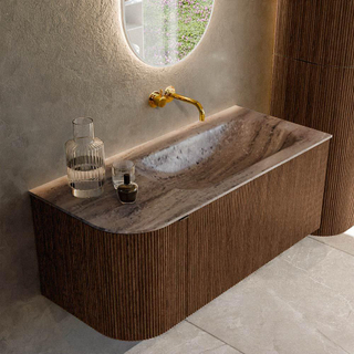 MONDIAZ KURVE-DLUX 105cm badmeubel ronding Links kleur Walnut met 1 lade en 1 deur. Wastafel BIG SMALL Rechts zonder kraangat Oza.