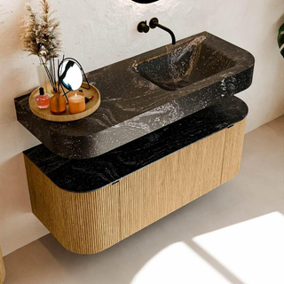 MONDIAZ THOR-DLUX 120cm meuble de salle de bains arrondi gauche + droite couleur Oak avec 1 tiroir et 2 portes. Vasque suspendue CLOUD droite sans trou de robinet couleur Lava.