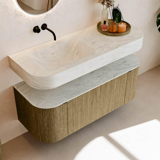 MONDIAZ THOR-DLUX 120cm meuble de salle de bains arrondi gauche + droite couleur Dusk avec 1 tiroir et 2 portes. Vasque suspendue CLOUD Gauche sans trou de robinet couleur Opalo.