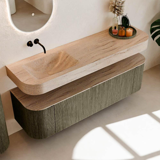 MONDIAZ THOR-DLUX 160cm meuble de salle de bains arrondi gauche + droite couleur Shadow avec 1 tiroir et 2 portes. Vasque suspendue CLOUD Gauche sans trou de robinet couleur Saba.