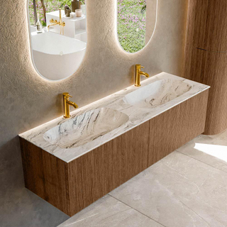 MONDIAZ KURVE-DLUX 150cm Meuble salle de bain - couleur Walnut - 2 tiroirs - vasque STOR SMALL double - 2 trous de robinet - couleur Glace