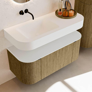 MONDIAZ THOR Meuble de salle de bains 110cm arrondi gauche + droite couleur Dusk avec 1 tiroir et 2 portes. Vasque suspendue CLOUD Gauche sans trou de robinet couleur Talc.