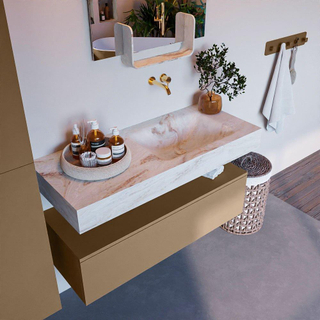 Mondiaz ALAN-DLUX Ensemble de meuble - 110cm - meuble Oro mat - 1 tiroir - Lavabo Cloud Frappe suspendu - vasque Droite - 0 trous de robinet