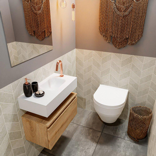MONDIAZ ANDOR Toiletmeubel - 60x30x30cm - 1 kraangat - 1 lades - washed oak mat - wasbak rechts - Solid surface - Wit