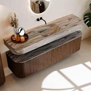 MONDIAZ THOR-DLUX 170cm meuble de salle de bains arrondi gauche + droite couleur Walnut avec 1 tiroir et 2 portes. Vasque suspendue CLOUD Milieu sans trou de robinet couleur Sombra.