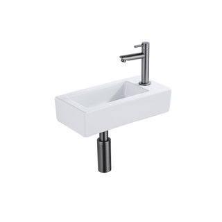 QeramiQ Lave-mains Kit lave-mains - 37.5x18.5x9cm - céramique - trou de robinet à droite - robinet lave-mains gunmetal - bonde de vidage - siphon abaissé - Brillant blanc