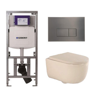 QeramiQ Dely Swirl Toiletset - 36.3x51.7cm - Geberit UP320 inbouwreservoir - slim zitting - gunmetal bedieningsplaat - rechthoekige knoppen - beige