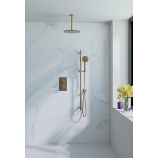 Fortifura Calvi Ensemble de douche pluie encastrable - thermostatique - bras plafond - pommeau 25cm - barre curseur - douchette ronde - flexible lisse - Laiton brossé (doré)