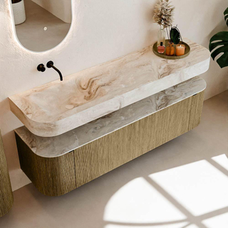 MONDIAZ THOR-DLUX Meuble de salle de bains 170cm arrondi gauche + droite couleur Dusk avec 1 tiroir et 2 portes. Vasque suspendue CLOUD Gauche sans trou de robinet couleur Frappe.