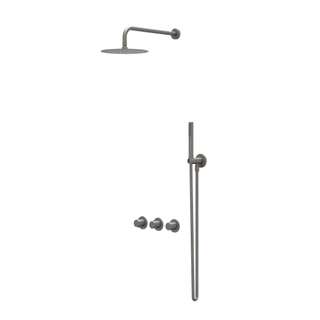 IVY Bond Ensemble de douche pluie - encastrable - symétrie - 2 robinets d'arrêt - bras mural 40 cm - pomme de douche medium 20 cm - barre curseur avec sortie - flexible de douche 150 cm - douchette 3 jets - Metal black brossé PVD